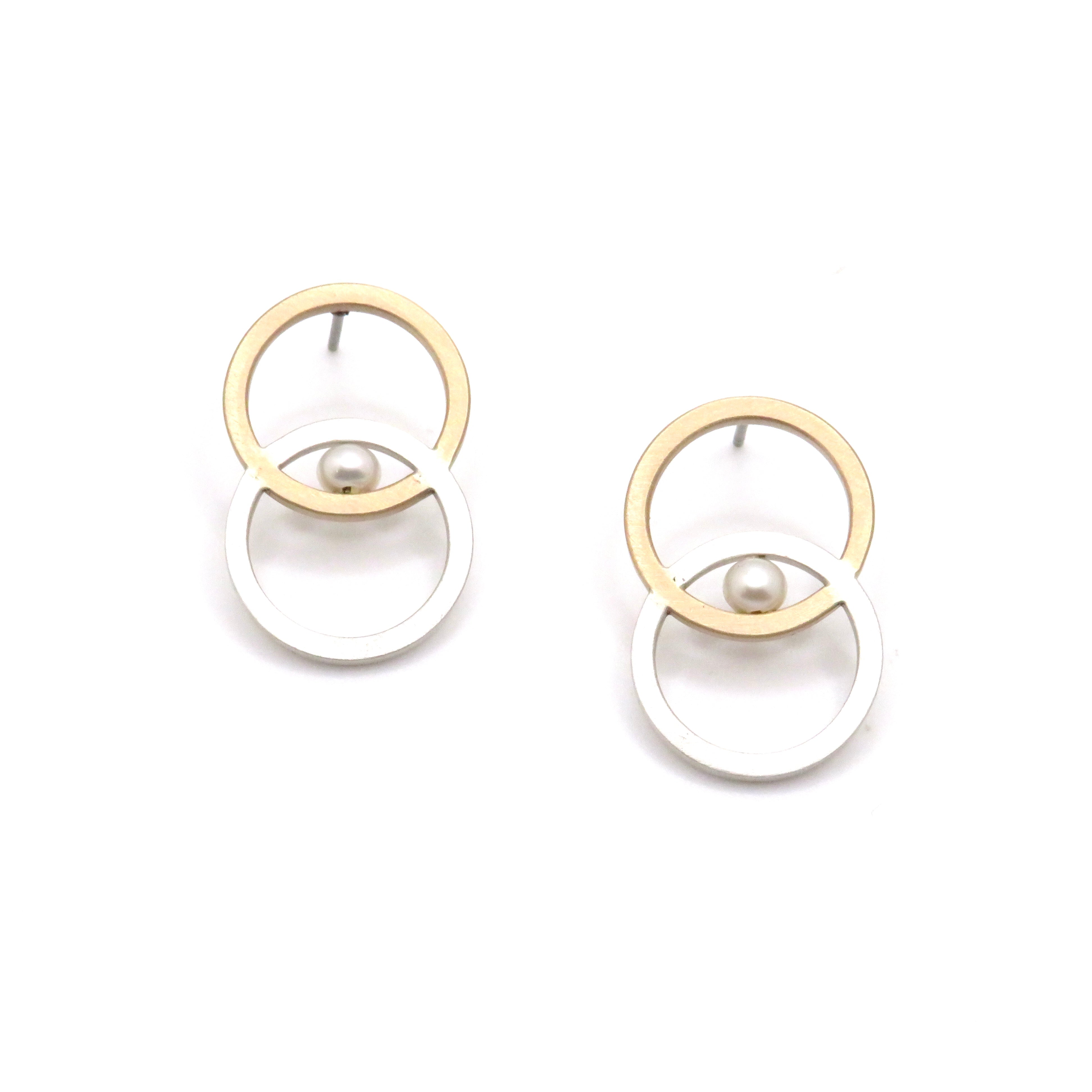 Brushed Sterling Silver, Gold Fill, and Pearl Rings Earrings