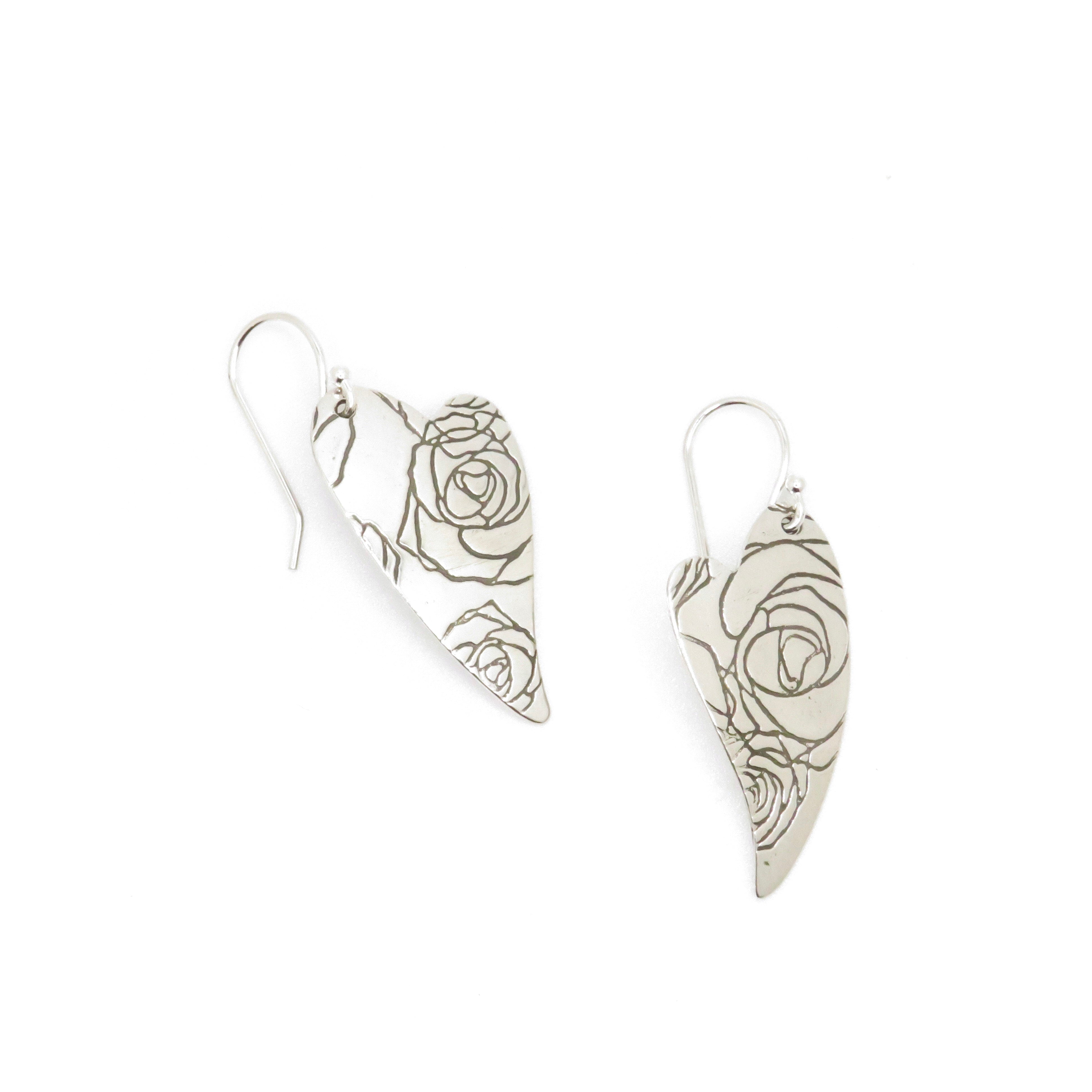 Silver Rose  heart drop Earrings