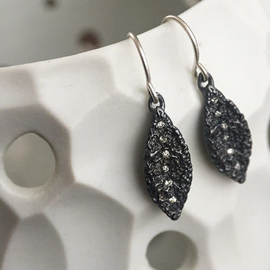 Black Silver leaf earrings with textured design with diamonds