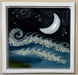 Fused glass painting titled 'Moonlight in Paradise' by Hearts for the Arts. The artwork features a serene night scene with a crescent moon illuminating gentle waves and a starry sky, reflecting a tranquil bay atmosphere.