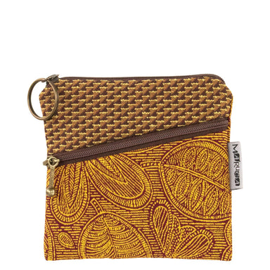 Roo Pouch by Maruca with a vibrant leaf design in warm colors, equipped with a brass finish key ring for everyday convenience.