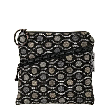 Maruca Roo Pouch showcasing a contemporary pattern with a convenient top zip for cards, diagonal zip for coins, and durable, wipeable water-resistant interior.