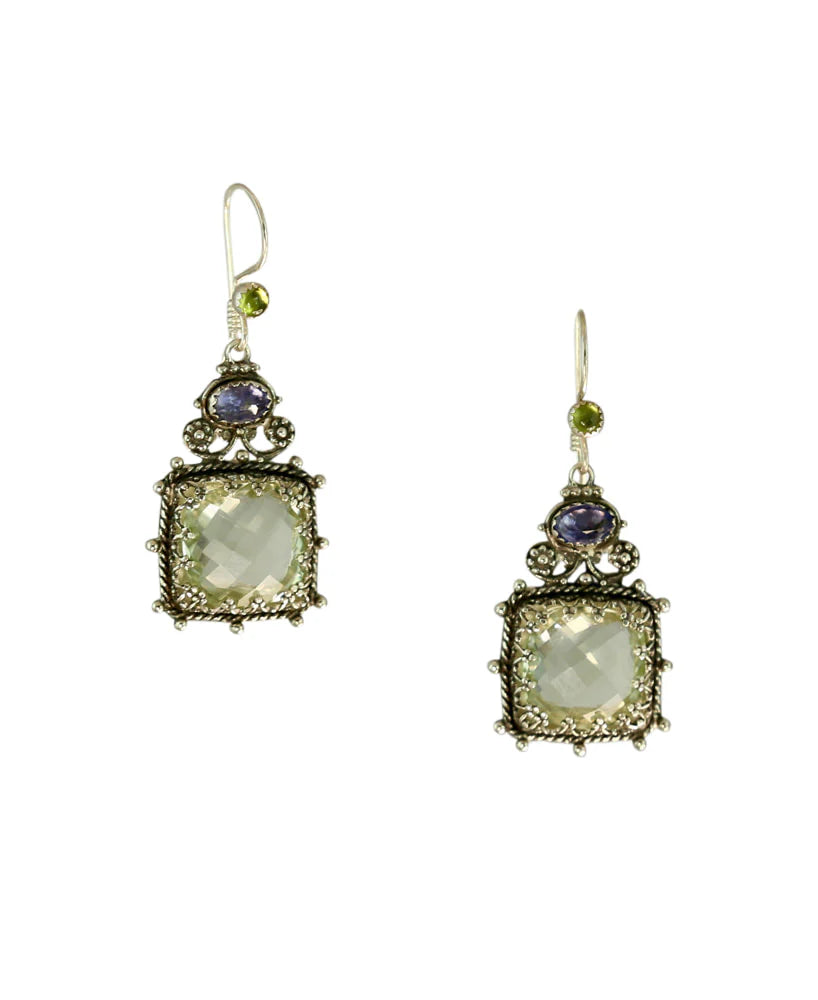 Green Amethyst, Iolite, and Peridot Sterling Silver Filigree Square Earrings