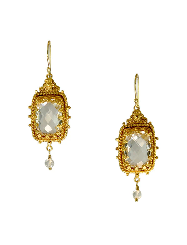 Quartz Crystal 18K Gold Vermeil Filigree Bezel Earrings