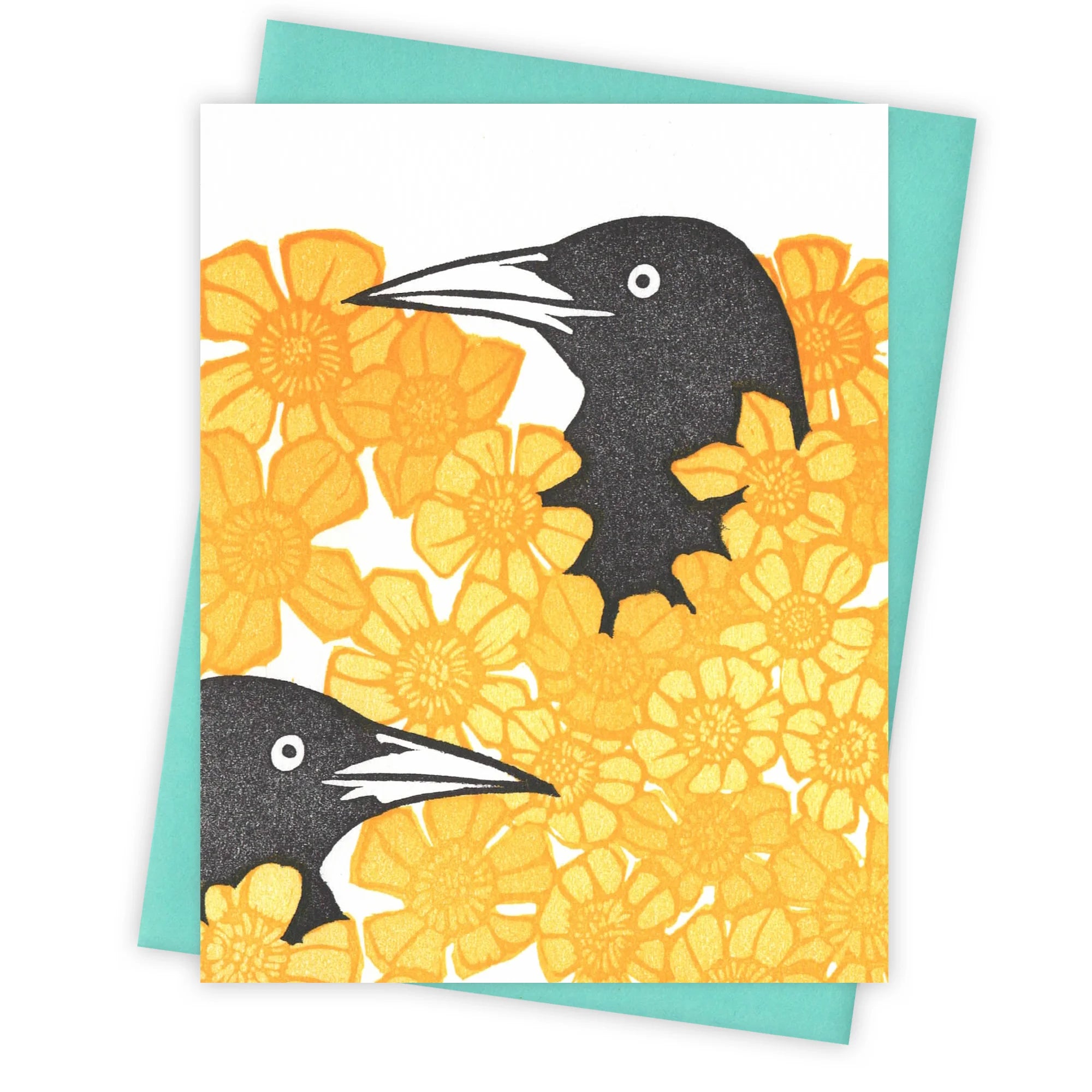 Black bird surrounded by yellow flowers greeting card