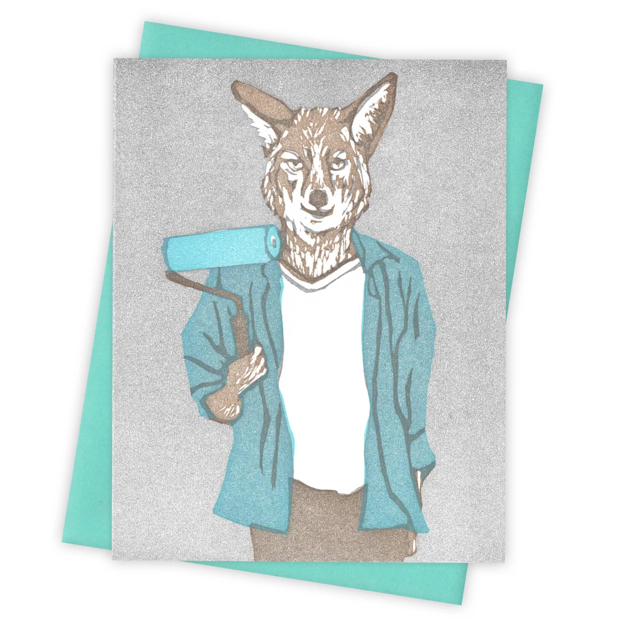 Fox with blue paint brush greeting card