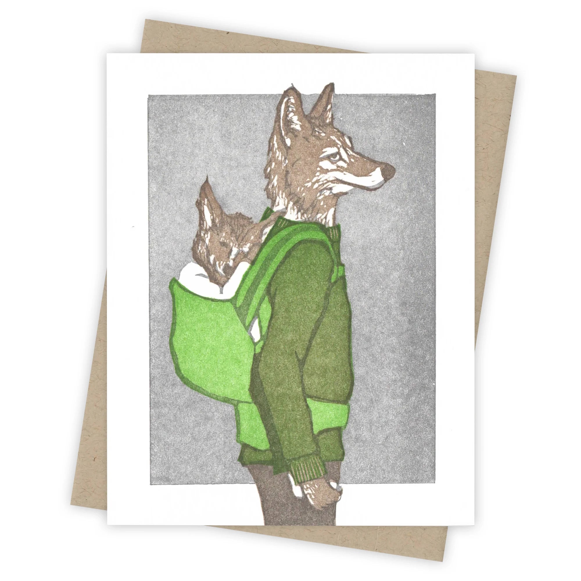 fox carrying a baby in a backpack greeting card