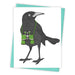 Black bird carrying green binoculars greeting card