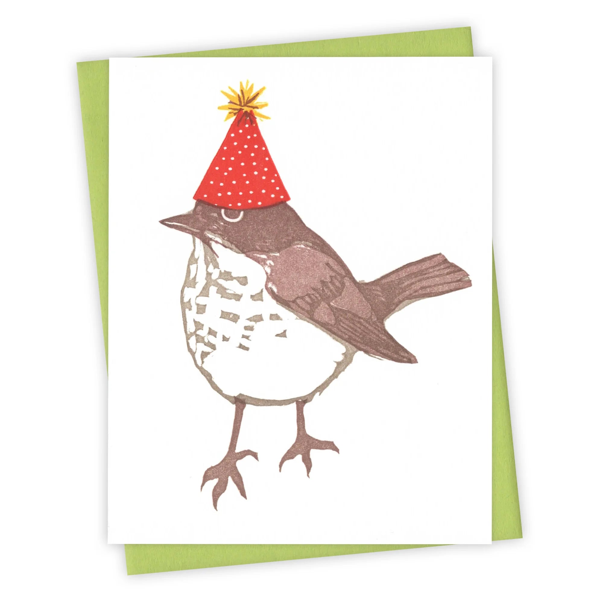 Bird wearing a red party hat greeting card.