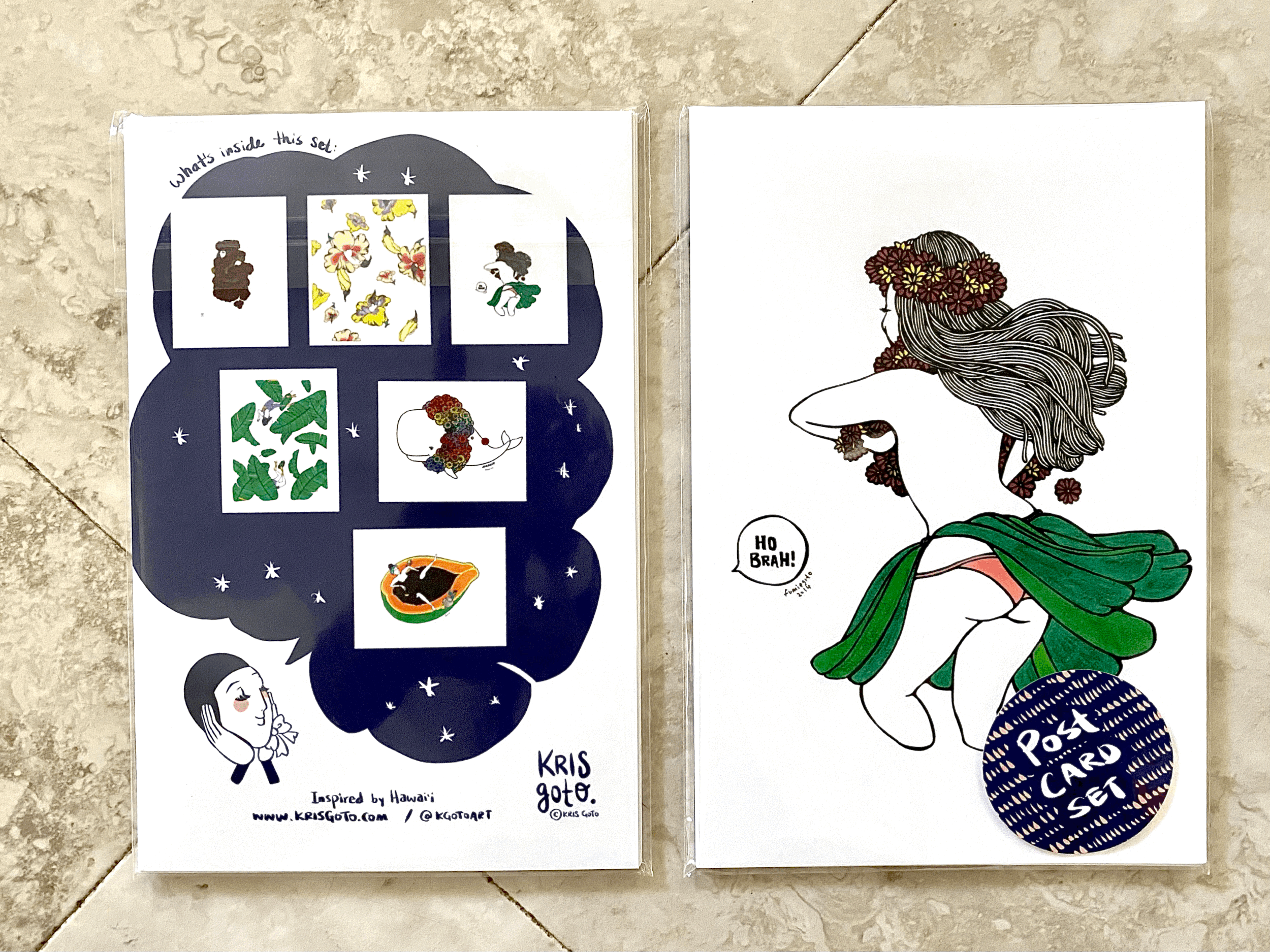 Kris Goto Card Collection highlighting a set of cards with various artistic illustrations, including a playful illustration of a woman with flowing hair, ideal for those seeking unique and artistic greeting cards.