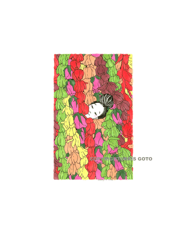 Colorful Giclee Paper Print titled 'Loved' by Kris Goto, featuring a woman surrounded by vibrant floral patterns, evoking feelings of love and connection in Hawaiʻi.