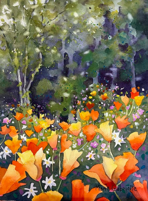 Poppies by the Woods | Original Framed Watercolor | 17x21.5