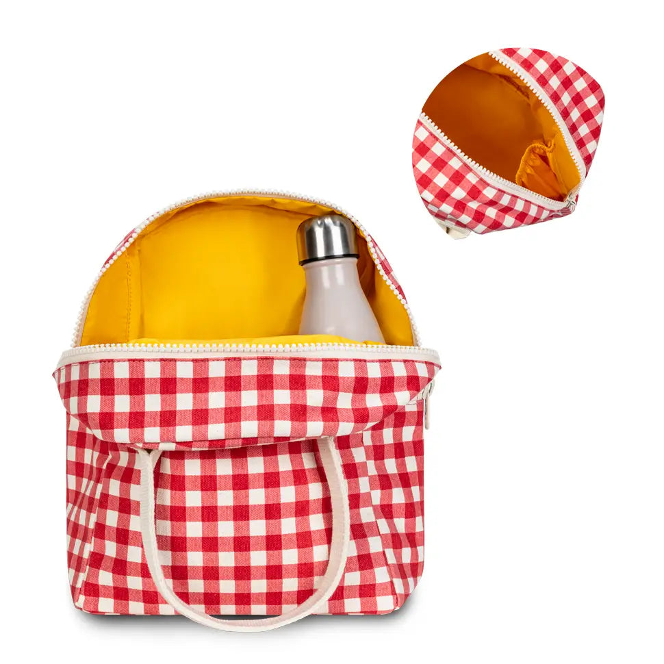 red and white gingham lunch bag with yellow lining