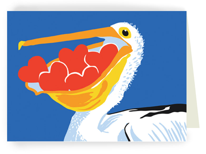 Pelican eating hearts Valentines greeting card