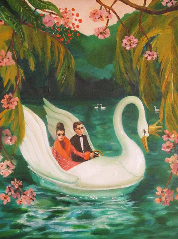 couple riding with a swan art print