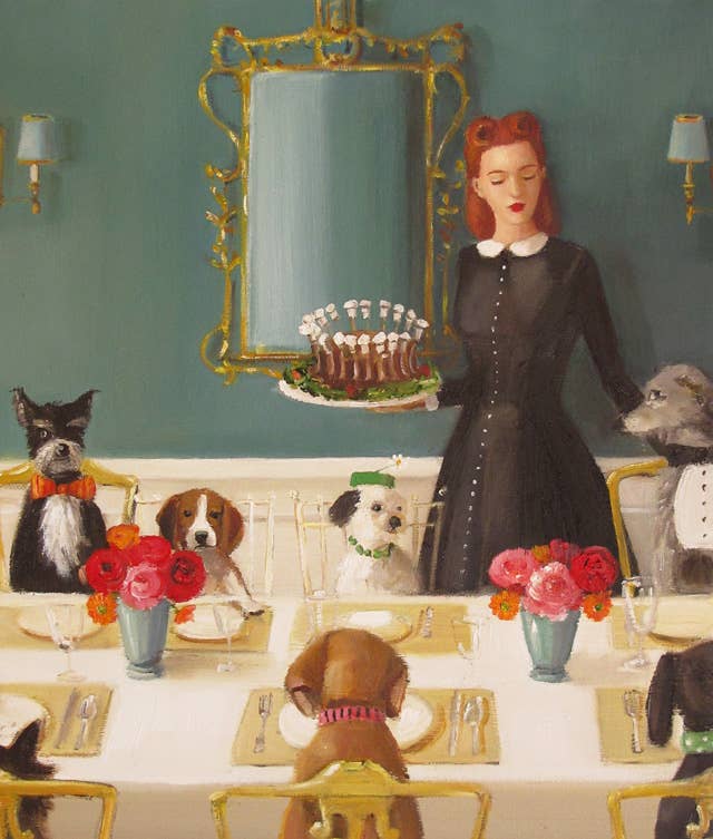 Dogs sitting at table art print