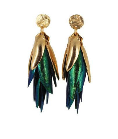 gold and green wing earrings