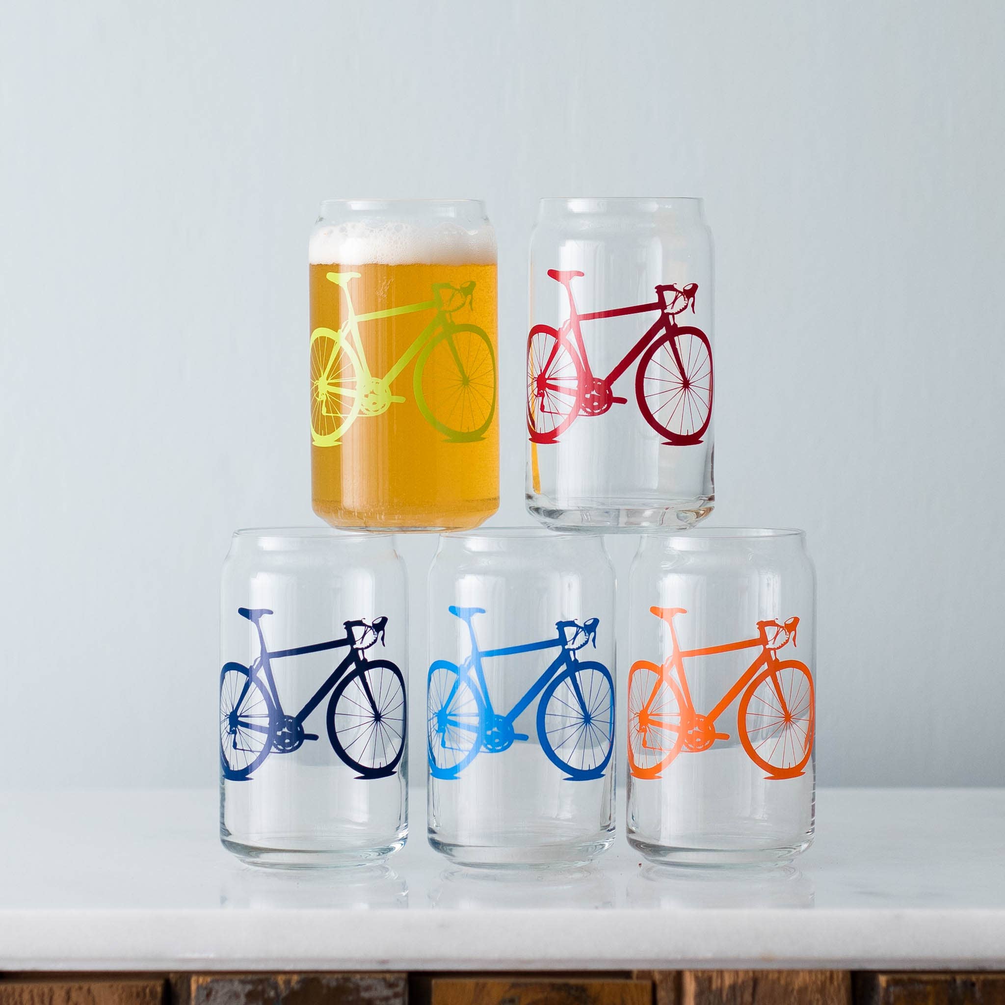 drinking glass with printed bicycle