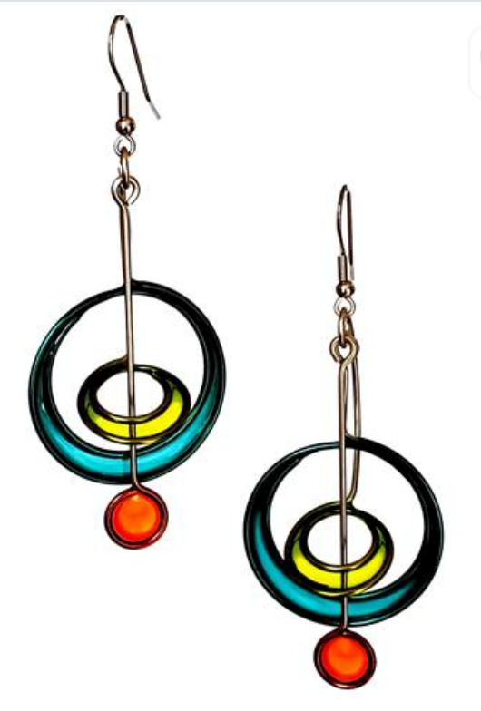 Turquoise and yellow double circle with drop kinetic earrings 