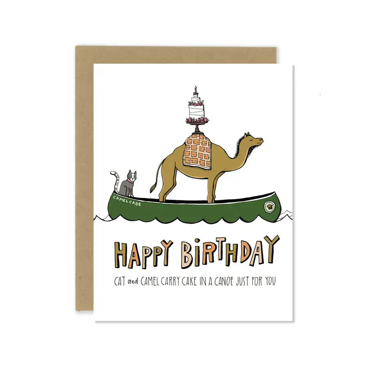 Happy Birthday Cat and Camel Carry cake in a canoe just for you greeting card