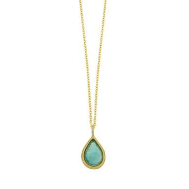 Teardrop Bubbles Necklace by Michael Vincent Michaud featuring a delicate teardrop pendant in cast bronze with a shimmering 24k gold finish and cast glass.