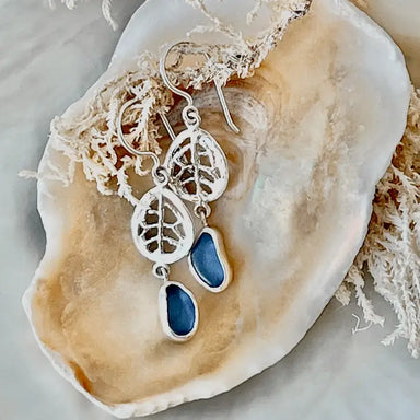 silver blue sea glass earrings