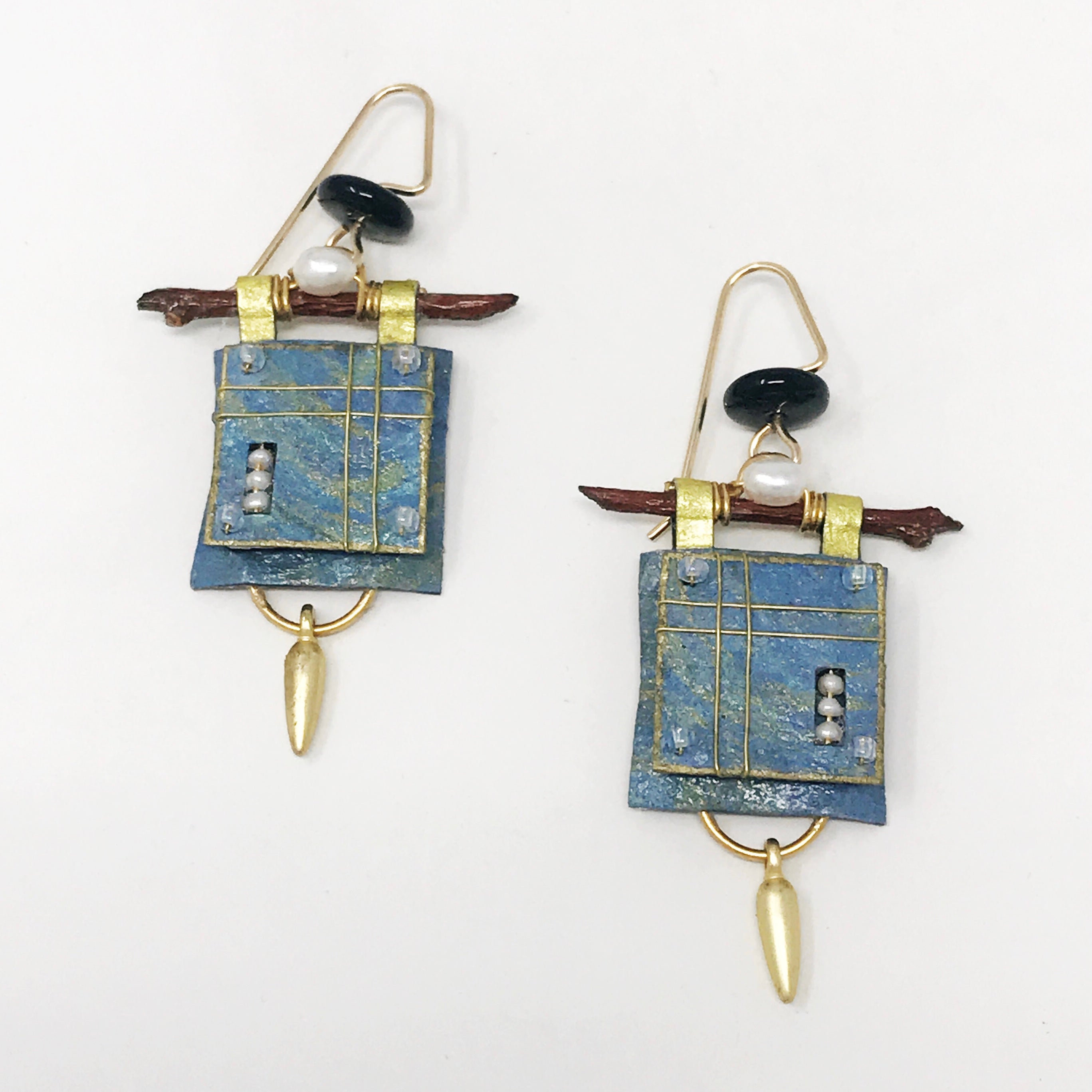 Blue Square and Pearl Earrings