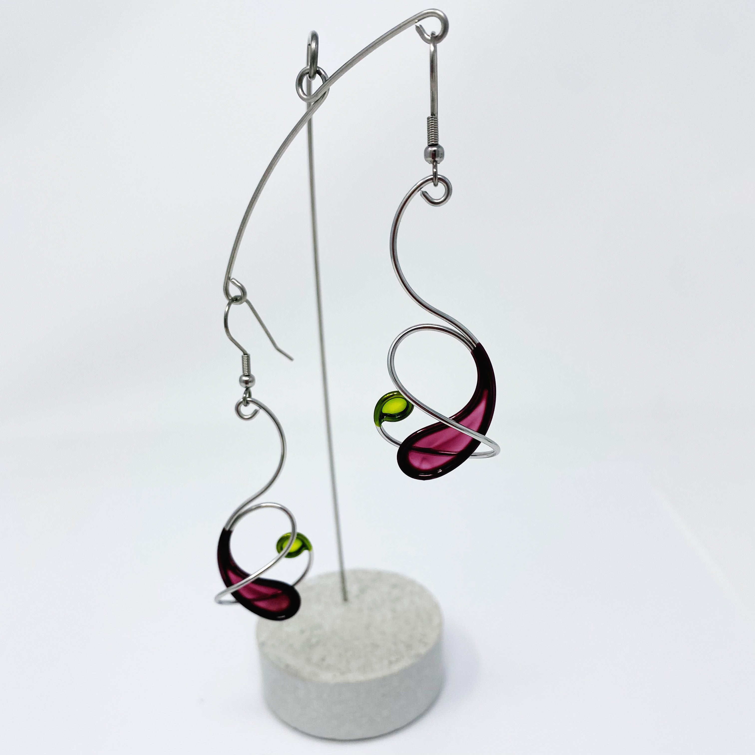 Purple paisley shape with green circle resin and stainless steel earrings