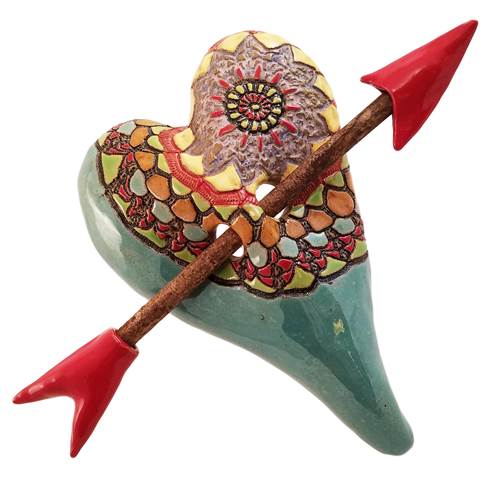 ceramic heart with wooden arrow