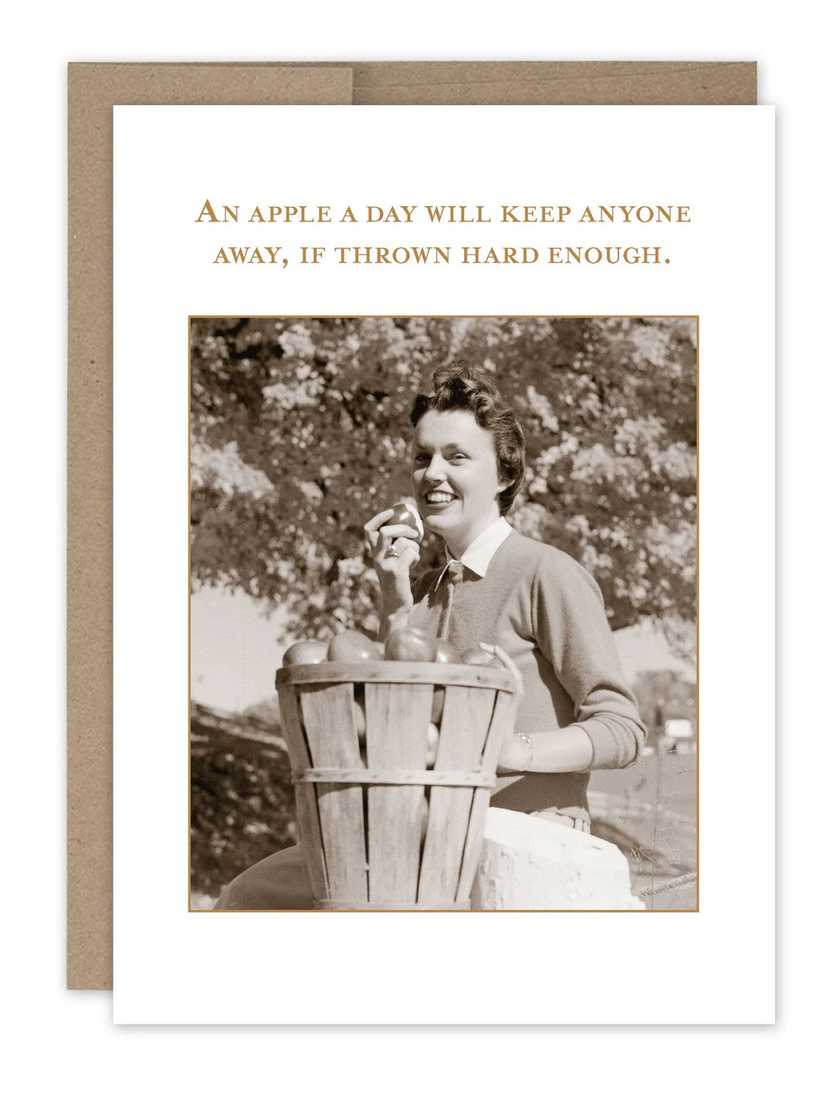 An apple a day will keep anyone away, if thrown hard enough greeting card