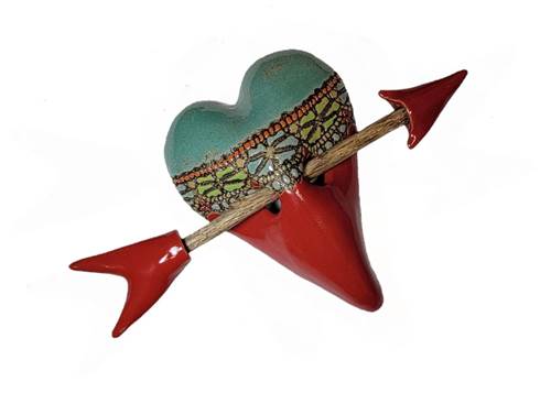 ceramic heart with wood arrow