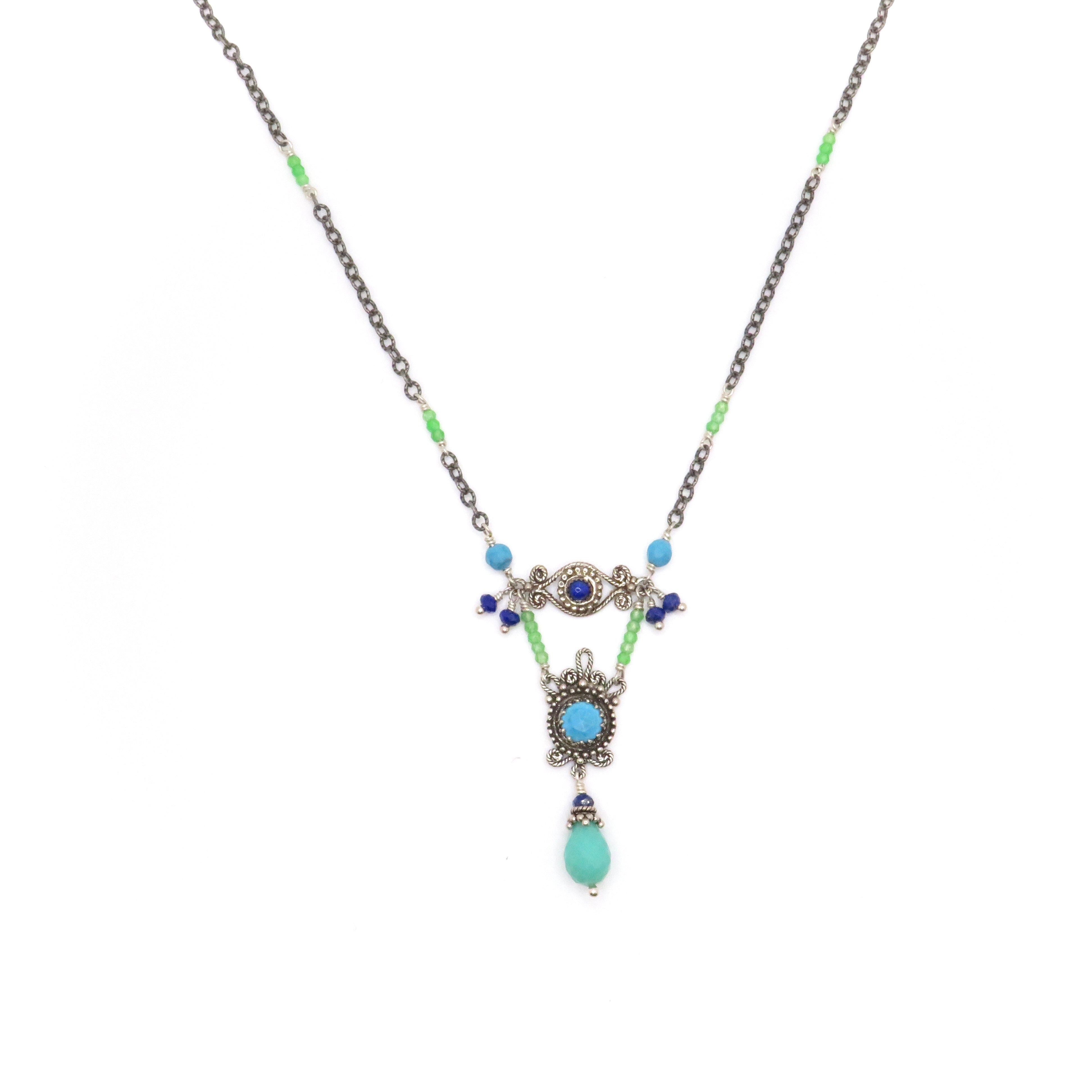 Turquoise, Lapis, Chrysoprase, and Silver Necklace