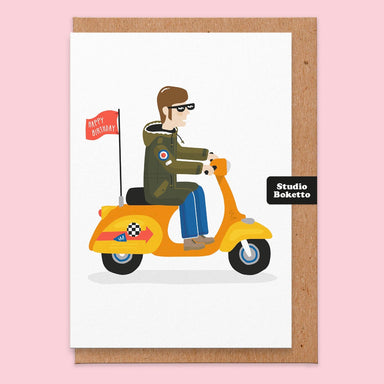 Happy Birthday male on a scooter Greeting Card