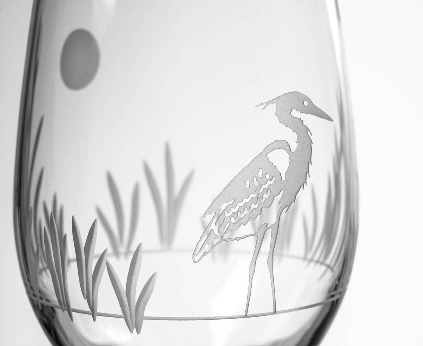 etched heron wine glass
