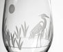 etched heron wine glass
