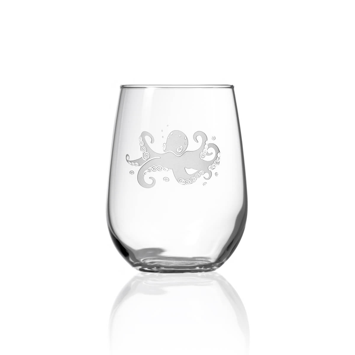 Octopus Etched Crystal 18 oz Wine Glass Set of 2