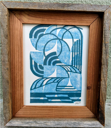 blue lino print in wood frame
