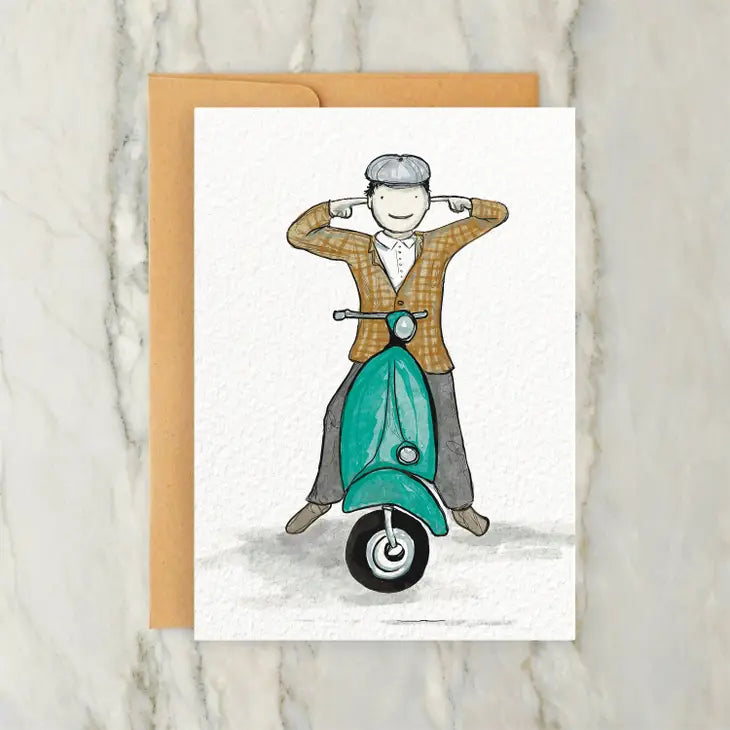 man on moped greeting card