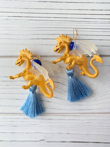 dragon drop earrings with blue tassel