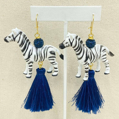 zebra earrings with blue tassel