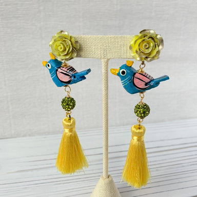 Bird earrings with yellow tassel