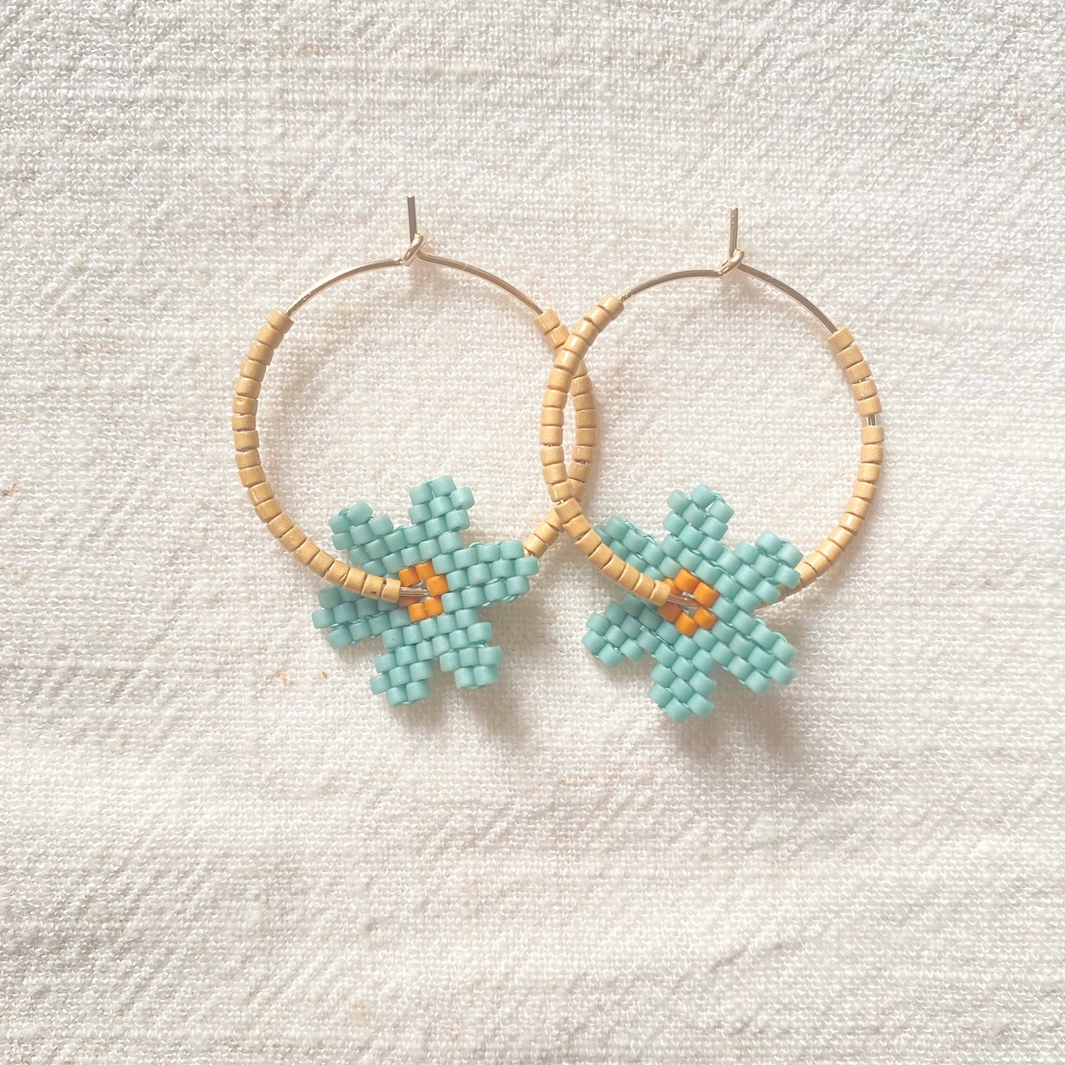 blue beaded flower hoop earrings