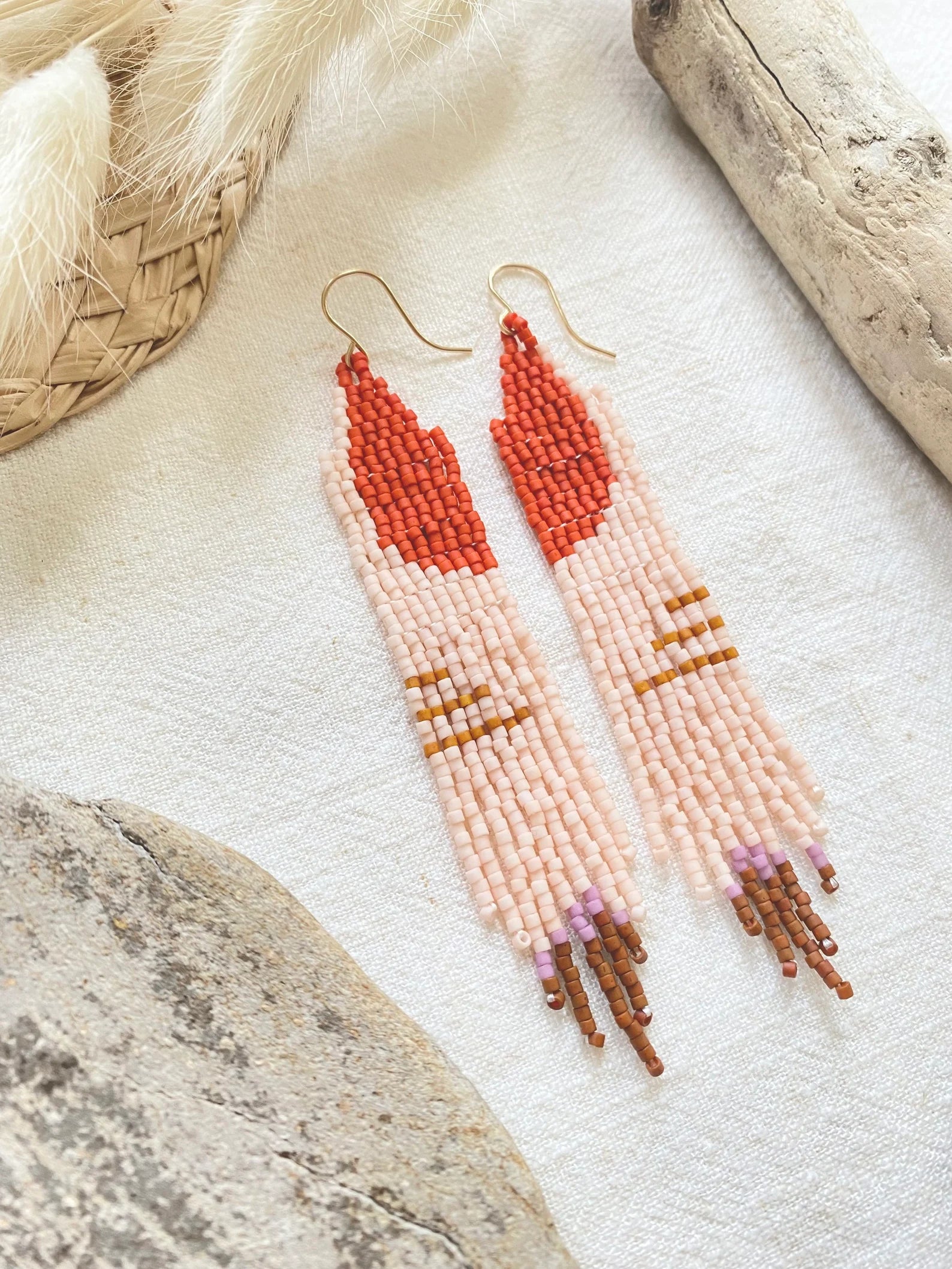 Cream and Red Beaded Earrings