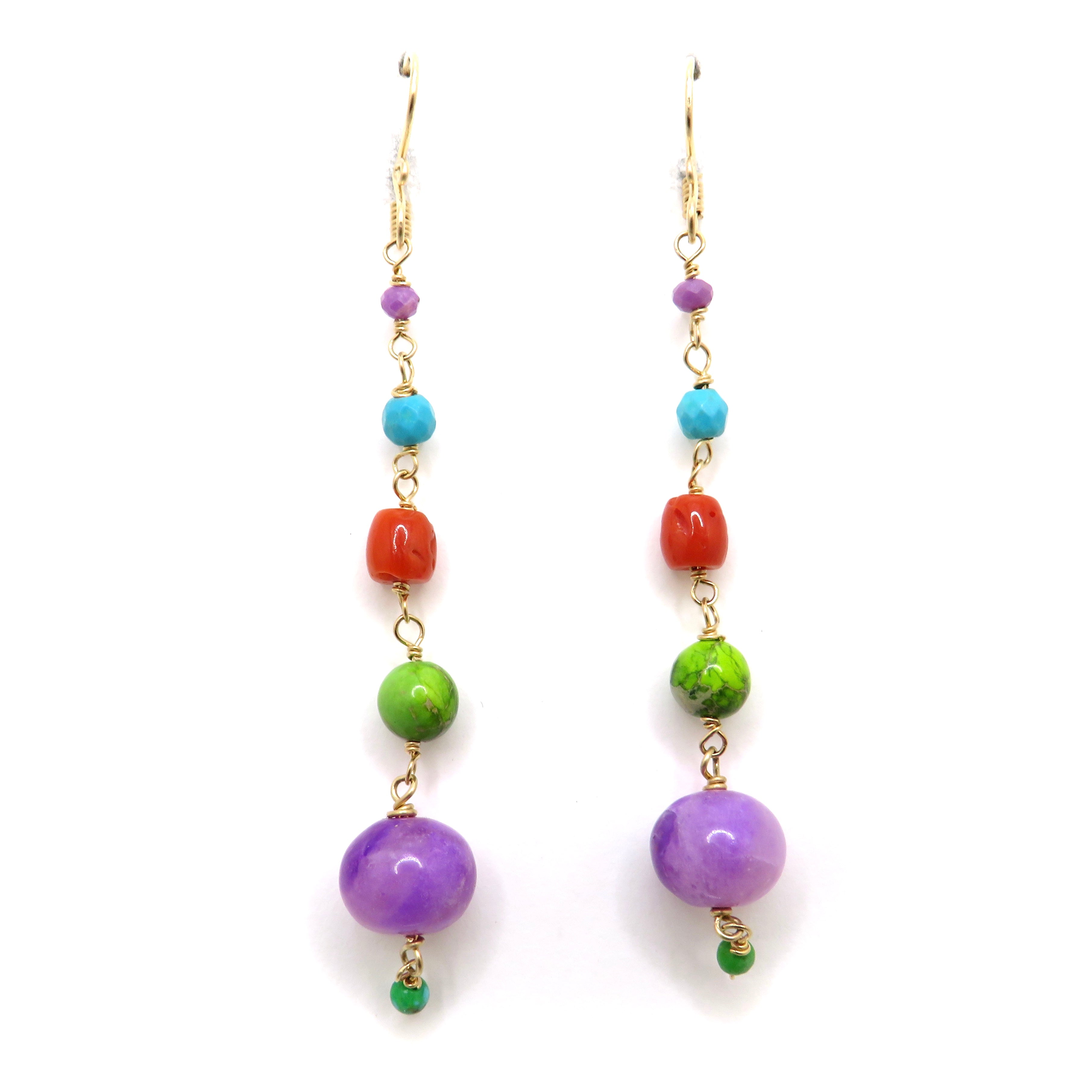 Sugilite, Coral, and Turquoise Gold Fill Earrings