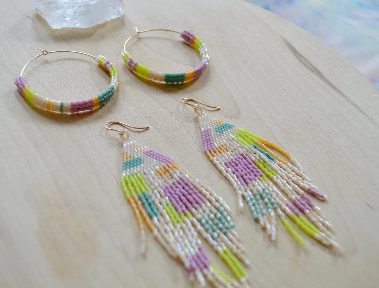 Beaded Fringe Earrings In Cream and Colors