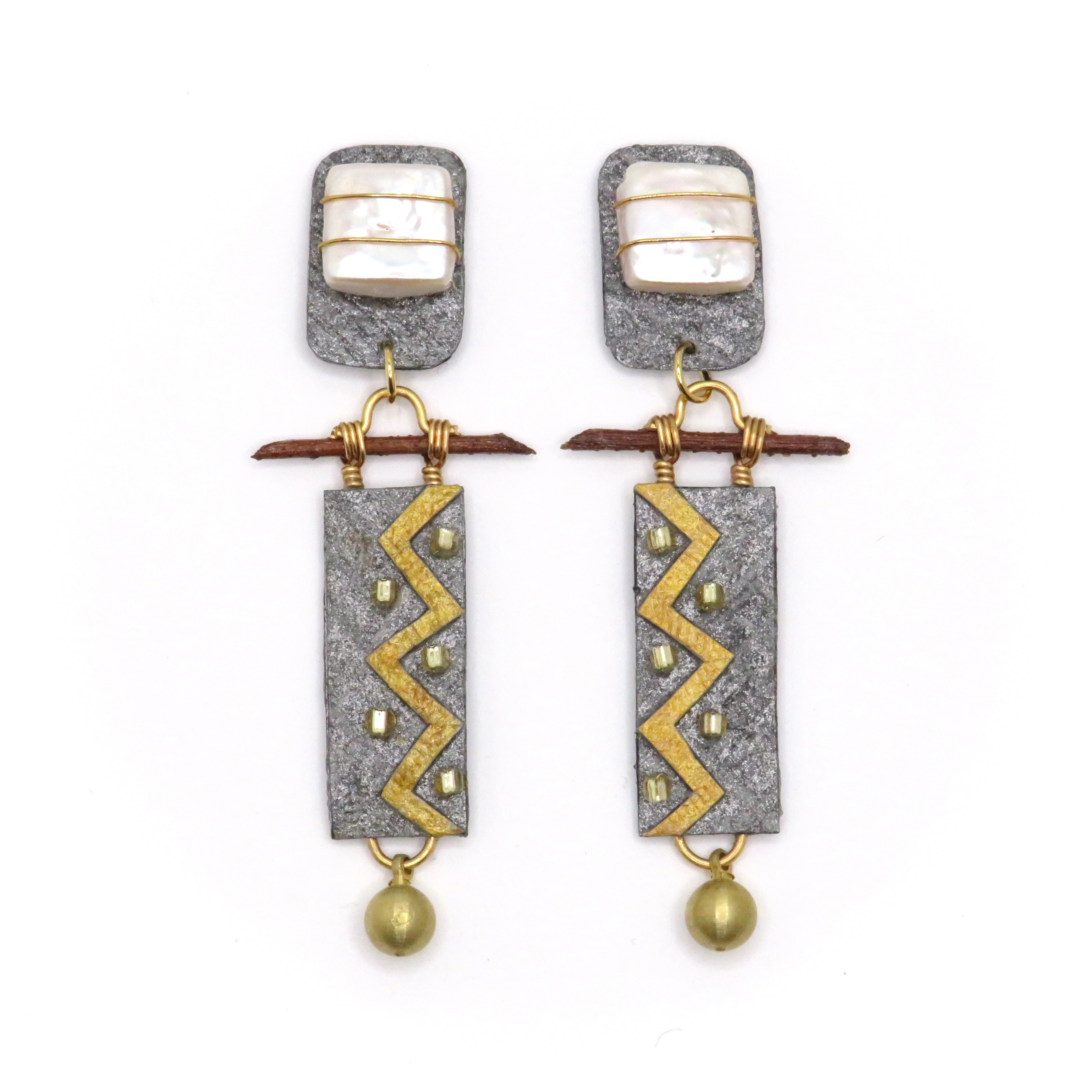 steel gold and pearl earrings