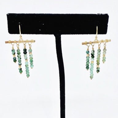 green stone rainbar gold earrings