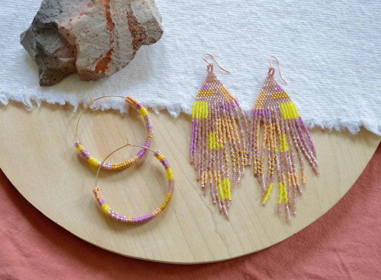 Beaded Fringe Earrings in Purple and Yellow