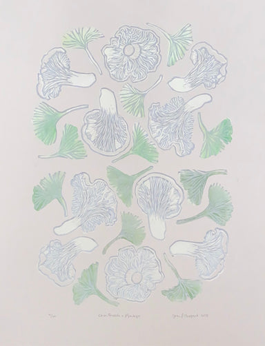 mushroom and ginkgo print in green and white