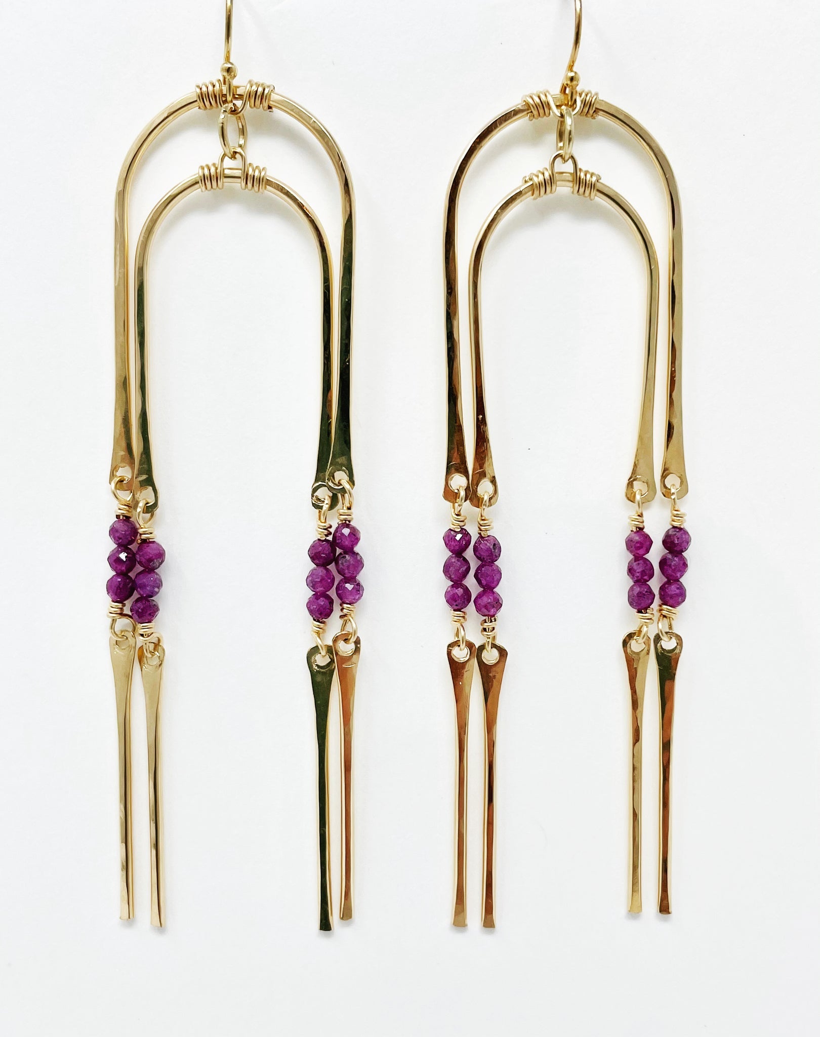 purple stone double dangle gold earrings
